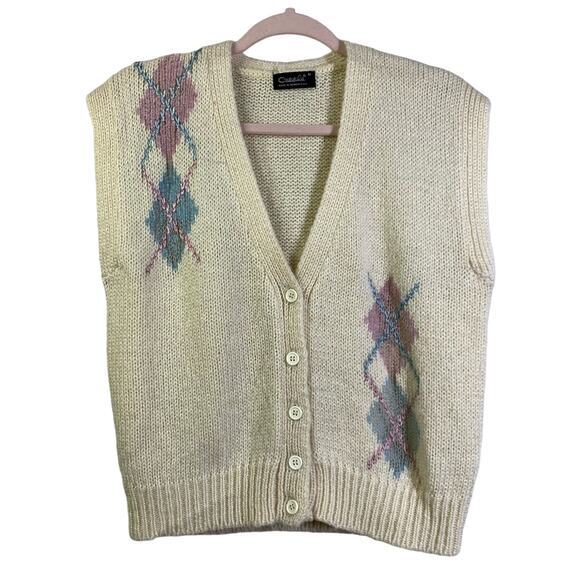 CATALINA Cream Argyle Acrylic Wool Cardigan Sweater Vest Size‎ Medium - Picture 1 of 11